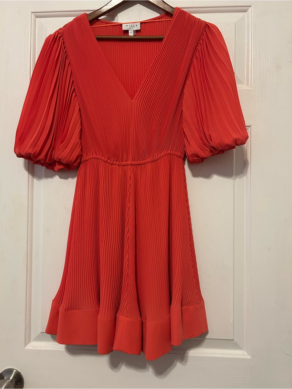 Milly Coral-Red Pleated V-Neck Mini Dress